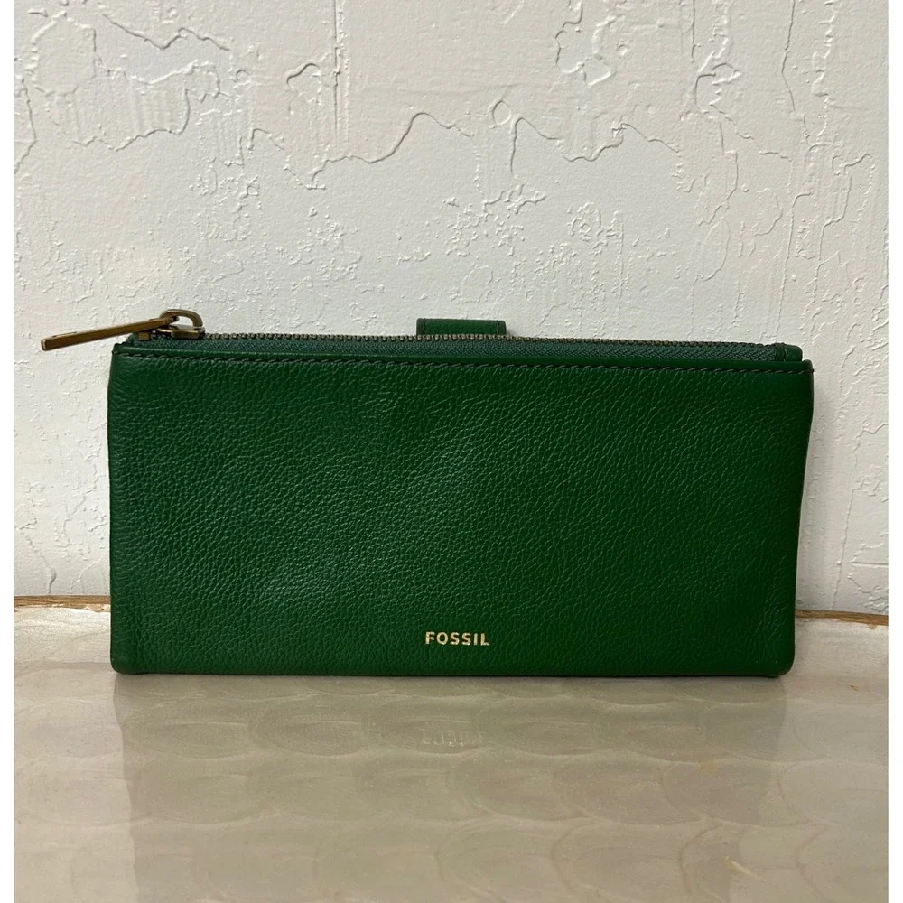 Fossil Slim Clutch Bifold Wallet Green Pebbled Leather Snap Zip